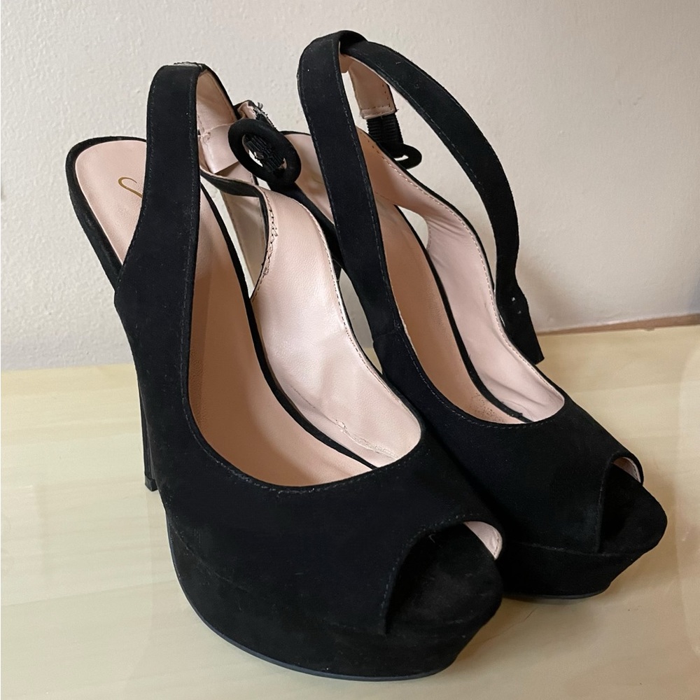 Black suede platform, open toe high heels. Size 8